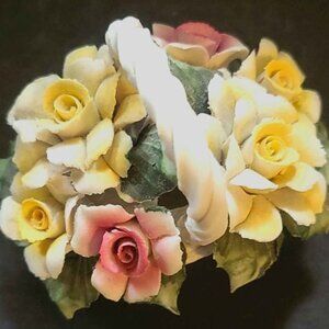 Vintage Capodimonte Figurine Handled Basket Filled With Porcelain Roses.